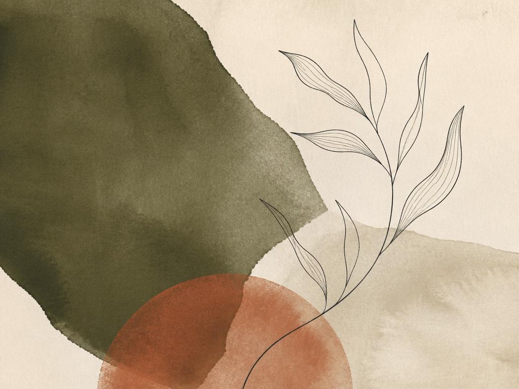 Deep olive and cream abstract wash with a fine ink drawing of a curved leafed stem