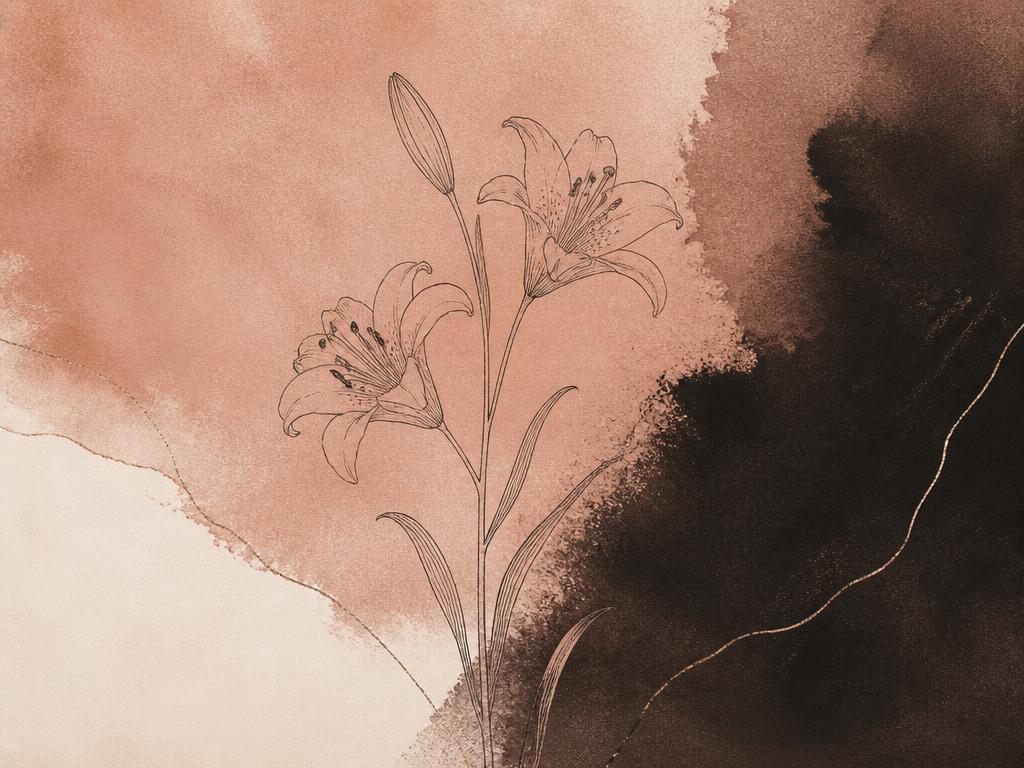 Dusty rose and ink abstract wash with a fine ink drawing of a lily stem